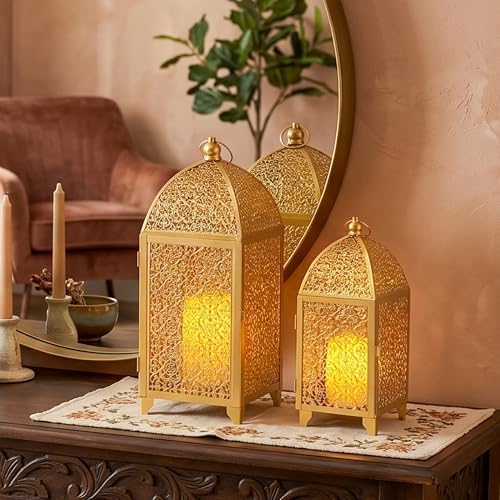 TRIROCKS Set of 2 Decorative Candle Lanterns 12/16.5'' H Candle Holder Gold - Image 3