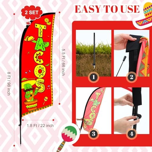 HunnmingRe 2 Set Tacos Feather Flag Kit, 8ft Advertising Swooper Flag Banner with Pole and Ground Stake for Business Restaurant Advertising Banner for Outside Ground - Image 2