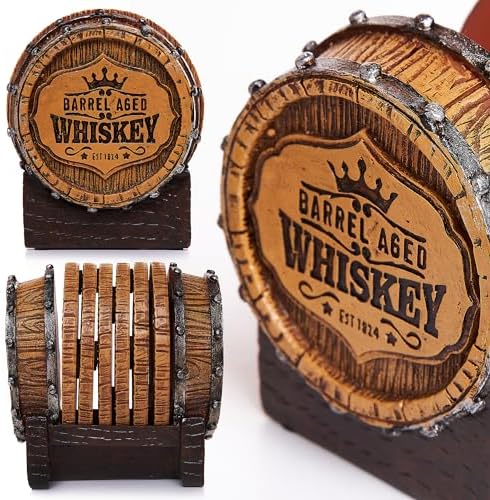 Cabin Obsession Whiskey Barrel Coaster Set – Handcrafted Whiskey Barrel Decor for Whiskey Lovers and Man Cave Gifts for Men - 6 Full Size Whiskey Coasters with Barrel Style Holder for Man Cave Décor - Image 3