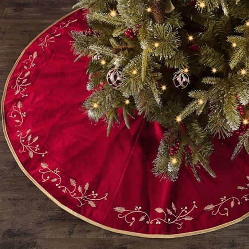 Bunny Chorus Christmas Tree Skirt, 60 Inch Red Christmas Tree, Large Rustic Velvet Fur Plush Tree Skirts, Xmas Tree Skirts with Gold Embroidered Holly Leaf for Christmas Tree Decorations by Ivenf