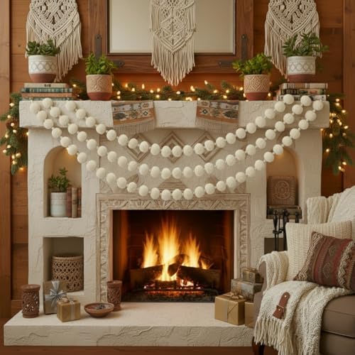 Threehoney 16ft Yarn Pom Ball Garland Boho Christmas Decor, White - Image 4