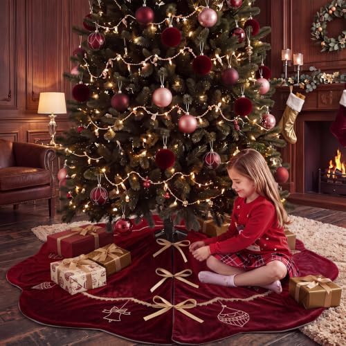 Blueweenly Burgundy Velvet Christmas Tree Skirt 48 in Vintage Tree Skirt - Image 6