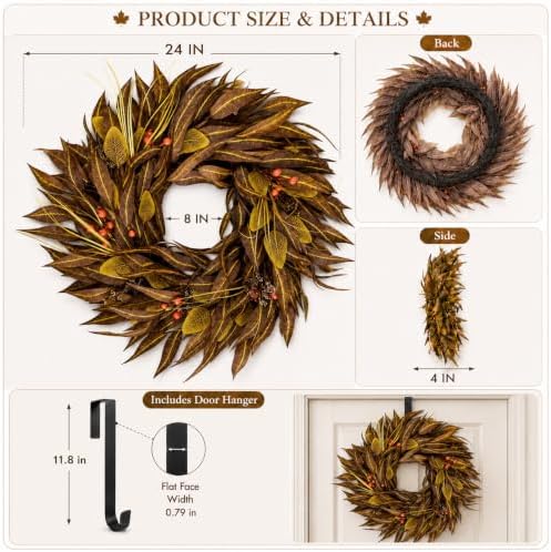 24 Inch Fall Wreaths for Front Door Thanksgiving Decor for Home - Image 3