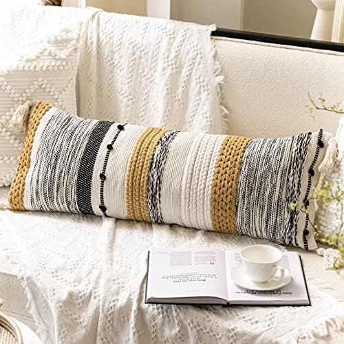 BlissBlush Decorative Lumbar Throw Pillow Cover 14x36 Boho Long Cushion for Bed Yellow Mustard Accent Farmhouse Pillowcase for Bedroom Living Room Couch Sofa Home Décor Cover ONLY by BlissBlush