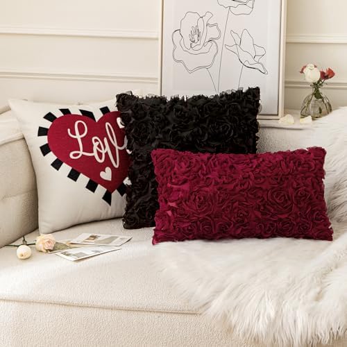 MIULEE Pack of 2 3D Decorative Romantic Stereo Chiffon Rose Flower Throw Pillow Cover Solid Square Pillowcase for Christmas Day Decoration Sofa Bedroom Car 12x20 Inch (30x50cm) Wine Red - Image 5