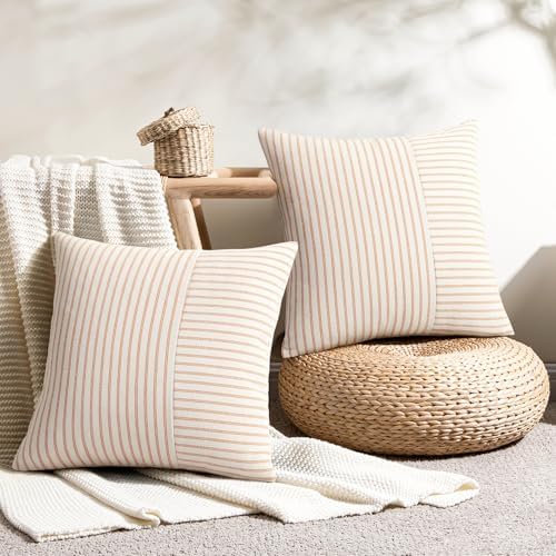 Fall Euro Sham Pillow Covers 26x26, Modern Accent Throw Pillow Covers Set of 2, Burnt Orange Striped Patchwork Linen Decorative Pillows Cushion Covers for Bed Sofa Couch Chair Living Room Home Decor - Image 4