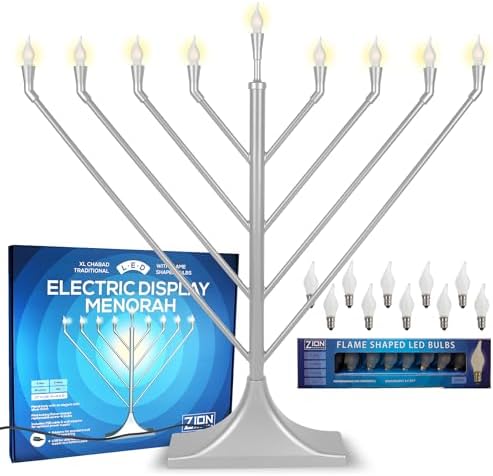 Large 23" Rambam Angled Electric Menorah with Flame Shaped Bulbs Traditional V-Shaped USB Display Electronic Hanukkah Minorah Includes 10 E10 Bulbs Chanukah Decorations By Zion Judaica (Satin Silver) by ZionJudaicaLtd