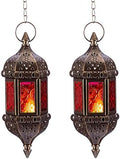 2 Pcs Hanging Hexagon Decorative Moroccan Candle Lantern Holders, Handmade Hanging Tea Light Holder in Bronze Metal & Red & Purple Glass Gift & Decor Items by Nuptio