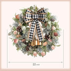 22" Green lamb's Leaves Wreaths for Front Door Winter Wreath with Pine Cones Shells Satin Bow Bells,Artificial Wreath for Indoor Outdoor Farmhouse Home Porch Wall Window Festival Wedding Decor - Image 3
