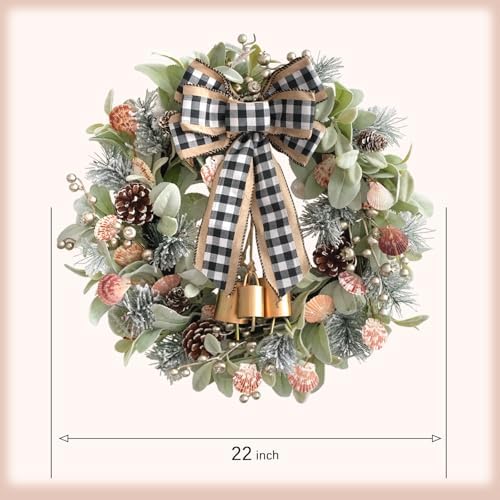 22" Green lamb's Leaves Wreaths for Front Door Winter Wreath with Pine Cones Shells Satin Bow Bells,Artificial Wreath for Indoor Outdoor Farmhouse Home Porch Wall Window Festival Wedding Decor - Image 3