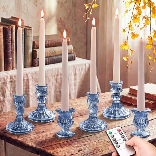 Mumufy 12-piece Blue Glass Candle Holders with Flameless Taper Candles by Mumufy