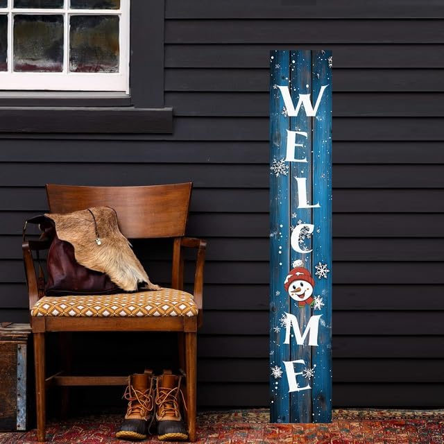 Winter Porch Board Snowman Welcome Sign for Front Door Porch Deck Patio or Wall - Indoor Outdoor Decorative Christmas Holiday Farmhouse Rustic Vertical Porch Decor - Image 4