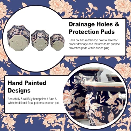 Galt International Blue & Pink Round Fluted Floral Porcelain Ceramic Plant Flower Planter Pot Set of 3 (7.5", 10", 13") Garden Pots Chinese Asian Design - Image 4