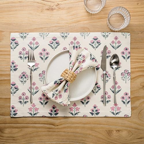 Block Print Floral Decorative Placemats Set of 6, Pink - Image 4