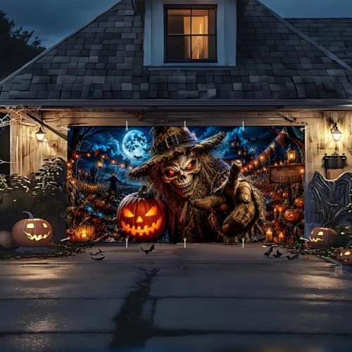 Halloween Garage Door Banner 7x16 FT - Scary Scarecrow Pumpkin Patch Backdrop Cover, Evil Skull Monster Reaching Hand Hanging Decor for Double Car Garage Door Outdoor Yard Haunted House Party - Image 3