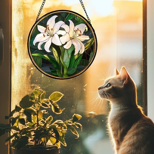 White Lily Flower Leaves Stained Glass Window Hanging Suncatcher Gifts 9.8" - Image 2