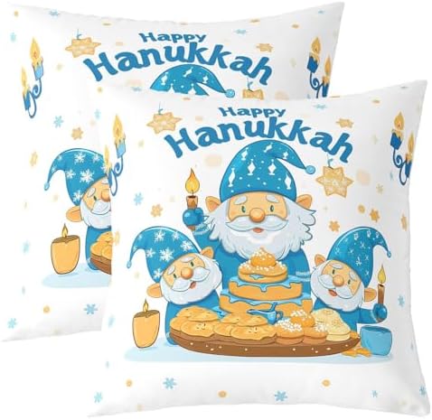 Erosebridal Cute Gnome Throw Pillow Covers 24X24 Set of 2 for Couch Bed Sofa Decor, Happy Hanukkah Pillow Covers, Blue-Gold Menorah Star Print Decorative Cushion Cases by Erosebridal