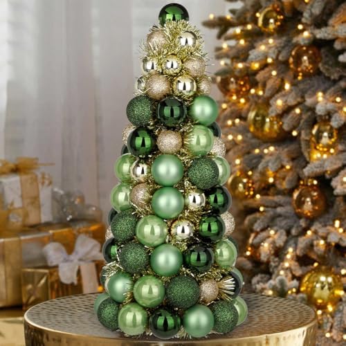 16" Tabletop Christmas Tree Small Green Gold Christmas Tree Decorations with 94 Shatterproof Ornaments Balls Christmas Centerpiece Mini Cone Xmas Tree for Holiday Party Wedding Table Desk Mantel Decor - Image 4