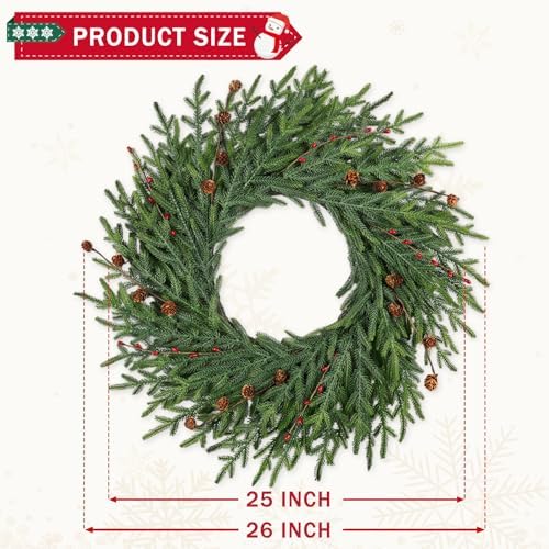 26 Inch Christmas Wreaths for Front Door with Red Berry Real Touch Large Artificial Xmas Winter Pine Cedar Wreaths for Windows Outdoor Christmas Home Yard Farmhouse Wall Front Door Porch Hanging Decor - Image 4