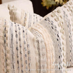 Boho Chenille Tufted Throw Pillow Covers 18x18 Inch Set of 2 Farmhouse Cream White Woven Striped Decorative Pillowcases for Couch Sofa Bed - Image 5