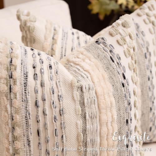 Boho Chenille Tufted Throw Pillow Covers 18x18 Inch Set of 2 Farmhouse Cream White Woven Striped Decorative Pillowcases for Couch Sofa Bed - Image 5