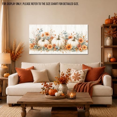 WAXWHELK Pumpkin Fall Canvas Wall Art, White Pumpkins and Orange Flowers Autumn Painting Pictures, Rustic Farmhouse Artwork for Living Room Bedroom Thanksgiving Home Decor (20"x40") - Image 2