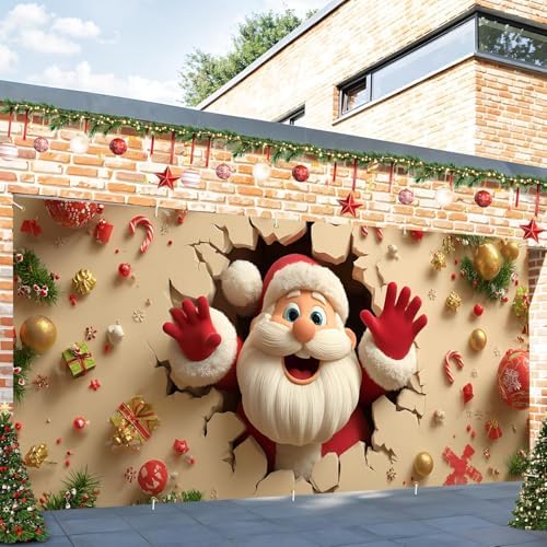Santa Breaking Out Garage Door Banner 16x7 Ft - Interactive Frame Design for Double Car Garage Outdoor Indoor Holiday Decor - Image 6