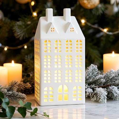 DN DECONATION Light Up Christmas Village House, White Ceramic House Decor by DNDECONATION