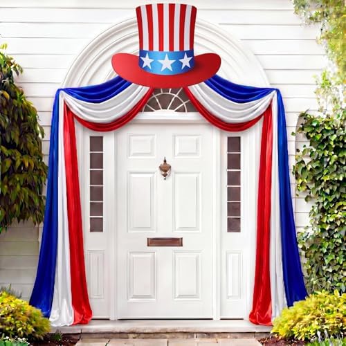 Batiyeer 4th of July Decorations Outdoor, 32.8ft Patriotic Front Door Decoration, Red White Blue Porch Decor, Satin American Flag Bunting Banner for 250th Anniversary Independence Day Memorial Day by Batiyeer