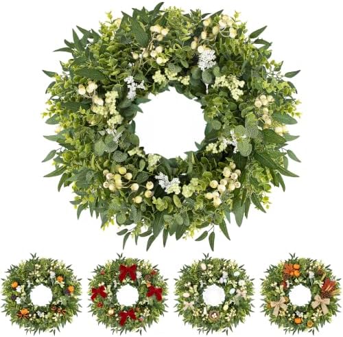 Green Wreath with Berries&Boxwood, Eucalyptus Wreaths for Front Door Artificial Spring Summer Christmas Door Wreath Front Door Wreath Farmhouse Decor for Wall Porch Window(24inch) by YICMY