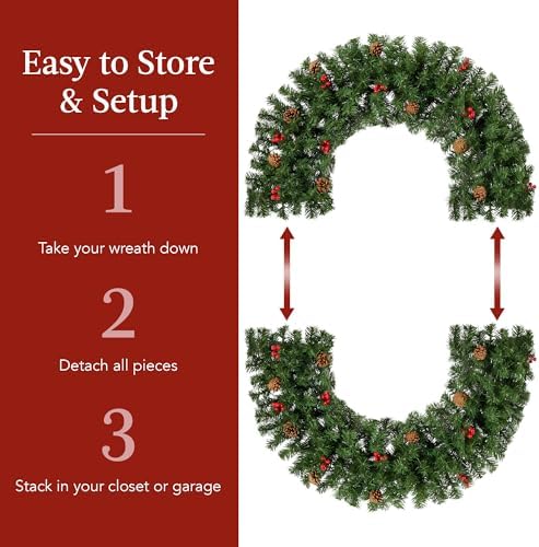 Best Choice Products 48in Pre-Lit Christmas Wreath w/Berries & Pinecones, Large Artificial Indoor/Outdoor Decor for Door, Mantel w/Red Bow, Plug-in - Image 7