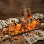 Votive Candle Holders Set with Wooden Tray - 8 Piece Rustic Colored Glass Candlestick & Solid Wood Centerpiece Decor for Mantel, Dining Table, Farmhouse Wedding Decor - Image 3