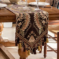 Floral Chenille Table Runner 108 Inches Non-Slip Tassels, Brown by keemir