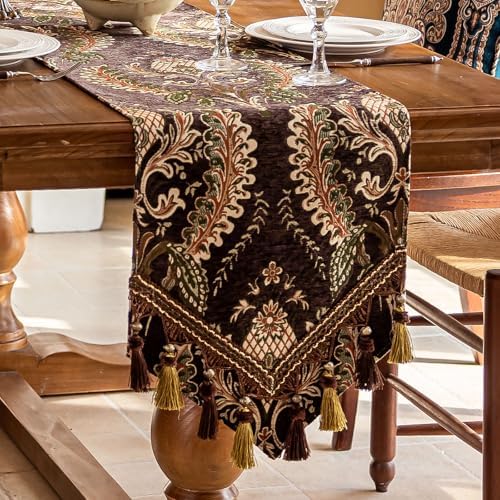 Floral Chenille Table Runner 90 Inches Non-Slip Tassels, Brown by keemir