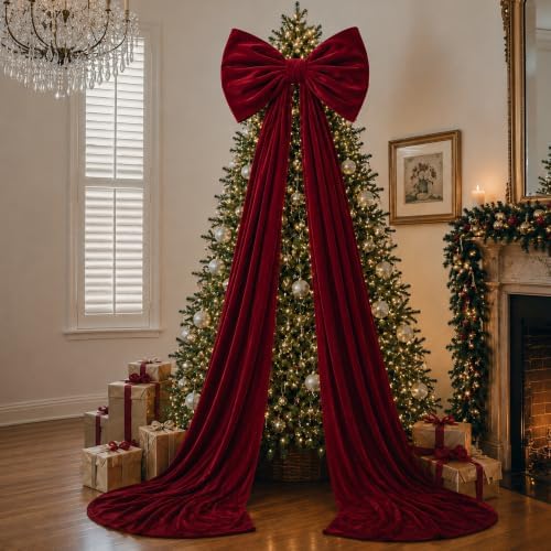 Canlierr Large Christmas Tree Topper Bow Decorations 27 x 78 in Velvet Red - Image 4