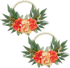 Spring Wreath 10" Artificial Floral Wood Bead Eucalyptus Leaves Peony Hydrangea Wreath for Front Door Boho Farmhouse Wall Decor 2 Pack - Orange by DILATATA