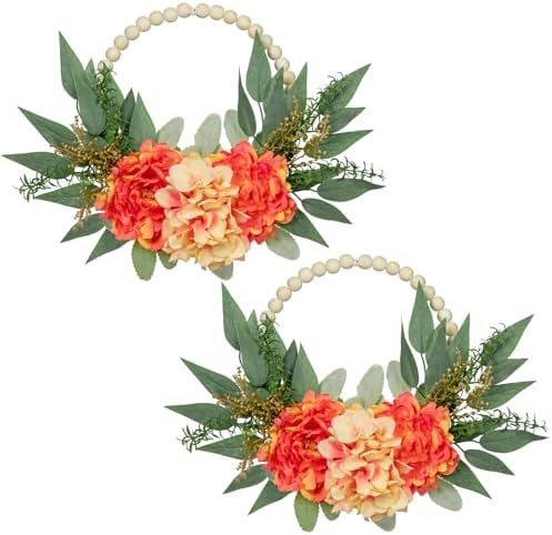 Spring Wreath 10" Artificial Floral Wood Bead Eucalyptus Leaves Peony Hydrangea Wreath for Front Door Boho Farmhouse Wall Decor 2 Pack - Orange by DILATATA