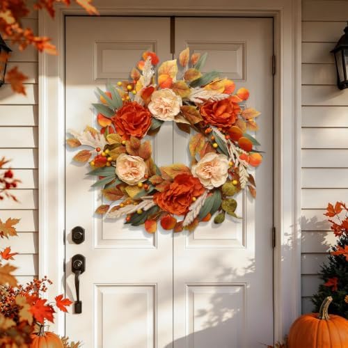 24 Inch Fall Wreath for Front Door, Autumn Harvest Wreaths with Yellow Leaves, Peony, Artificial Wreath for Indoor Outdoor Porch Thanksgiving Home Farmhouse Decorations - Image 5