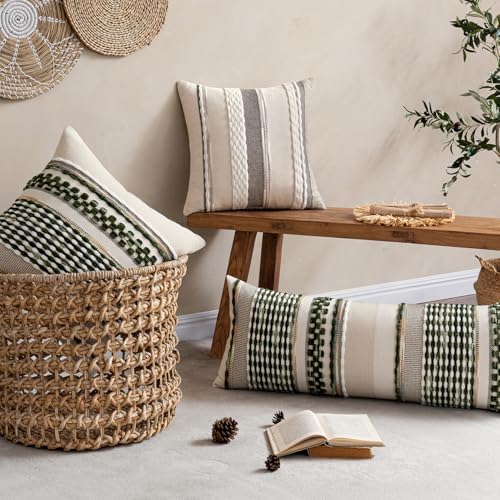 ANRODUO Boho Decorative Pillow Covers Olive Green Stripe 22x22 Pack of 2 - Image 3