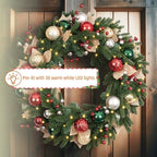 24 Inch Lighted Christmas Wreath with 30 Warm White LEDs and Timer, Battery Operated Pre-Lit Artificial Wreath with Christmas Ornaments and Gold Mesh Leaves for Front Door and Mantel - Image 6