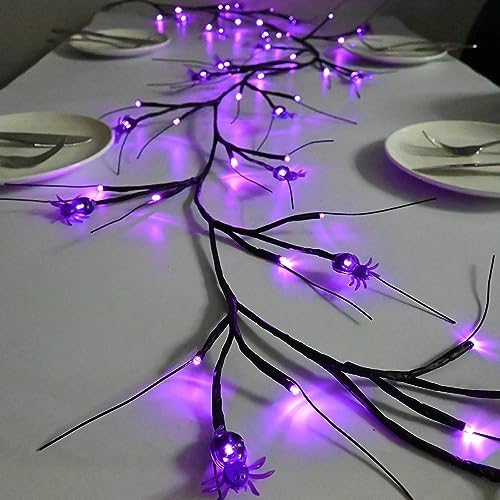 2026 Halloween Decor Lights 6.5 Ft 54 LED Willow Vine Twig with Timer Battery Operated Garland Light 18 LED Spiders and 36 Purple Lights Halloween Party Scary Decoration for Home Wall Fireplace - Image 5