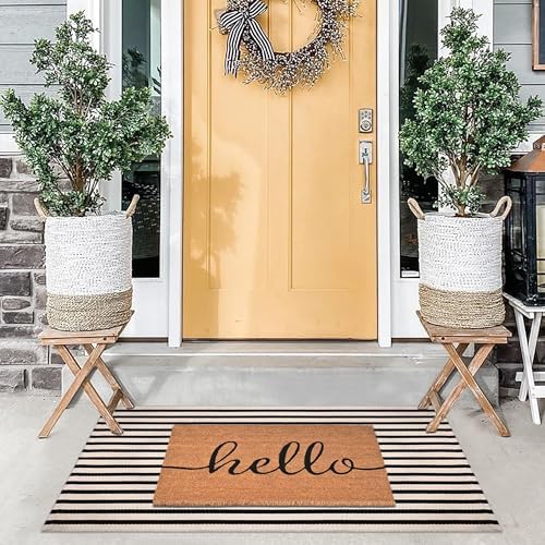 Front Door Mat Combo Set, Hello 100% Coco Coir Welcome Doormat + 28" x 43" Layered Buffalo Black and White Striped Rug, Spring Thanksgiving Porch Entryway Decor Indoor Outdoor Floor Mats - Image 7