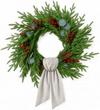 24 Inch Christmas Wreath for Front Door with Decorative Wreath Sash, Faux Norfolk Pine Wreath with Red Berries Pinecones and Eucalyptus Leaves, Farmhouse Holiday Decor by Livresse