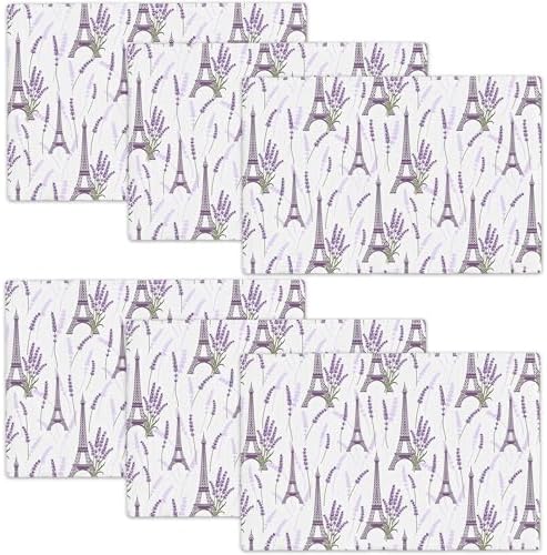 Eiffel Tower Spring Placemats Set of 6, 12x18 Inch Summer Lavender Table Place Mat Purple Washable Non-Slip Heat Resistant Fabric Placement Mats for Dining Kitchen Indoor Outdoor Decor by UIAMT