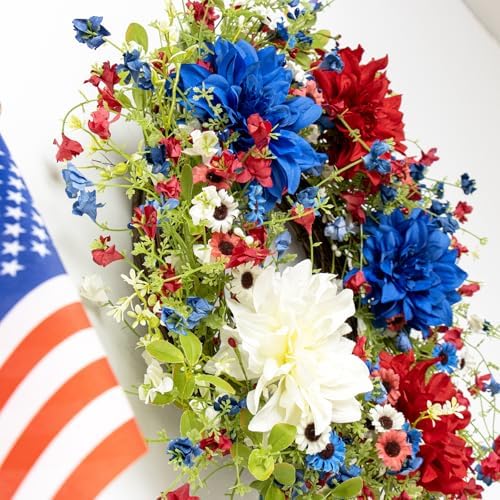 VioletEverGarden 22 Inch 4th of July Wreaths for Front Door Artificial Patriotic Wreath Red White and Blue Wreath with Dahlia for Independence Day Memorial Day Flag Day Decor - Image 2