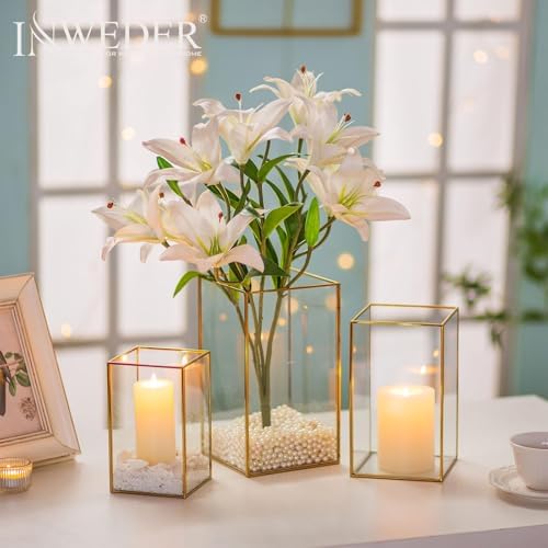 Glass Hurricane Candle Holder: 3 Pcs Gold Large Rectangular Hurricane Candleholder Lantern Centerpieces for Tables Glass Decorative Lantern Candle Holder for Wedding Christmas Home Decor - Image 3