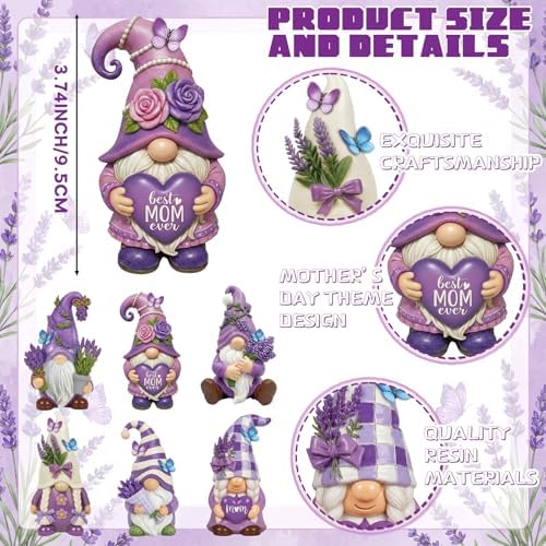 Simgoing 6 Pcs Purple Lavender Gnomes Mother's Figurines Lavender Gnomes with Best Mom Ever, Mom Resin Statues Table Decor for Mum Grandma Birthday Party Tabletop Home Centerpieces Tiered Tray Decor - Image 2