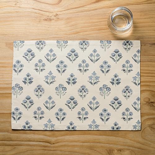 Block Print Floral Decorative Placemats Set of 6, Dusty Blue by Unknown