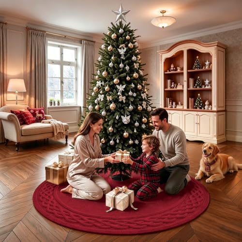VOXOR 60 Inch Christmas Tree Skirt, Extra Large Chunky Knitted Tree Skirt with Bow Tie Closure, Burgundy Vintage Tree Skirts for 9 & 10 Feet Trees, Farmhouse Christmas Decorations for Home Living Room - Image 6