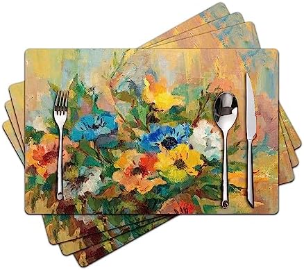 Spring Floral Placemats Set of 4 - Faux Leather Heat Resistant Placemats for Dinner Table, Non-Slip Waterproof Oil-Proof Washable Reusable Placemat for Indoor Outdoor Kitchen, 15.75In*11.81In by Unknown